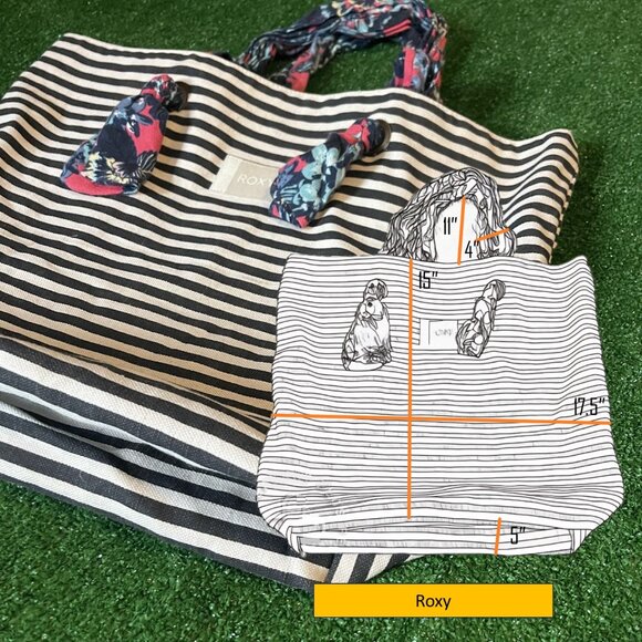 Roxy Act Together Canvas Black Stripes Floral Patterned Handles Tote Handbag Bag - Picture 2 of 13